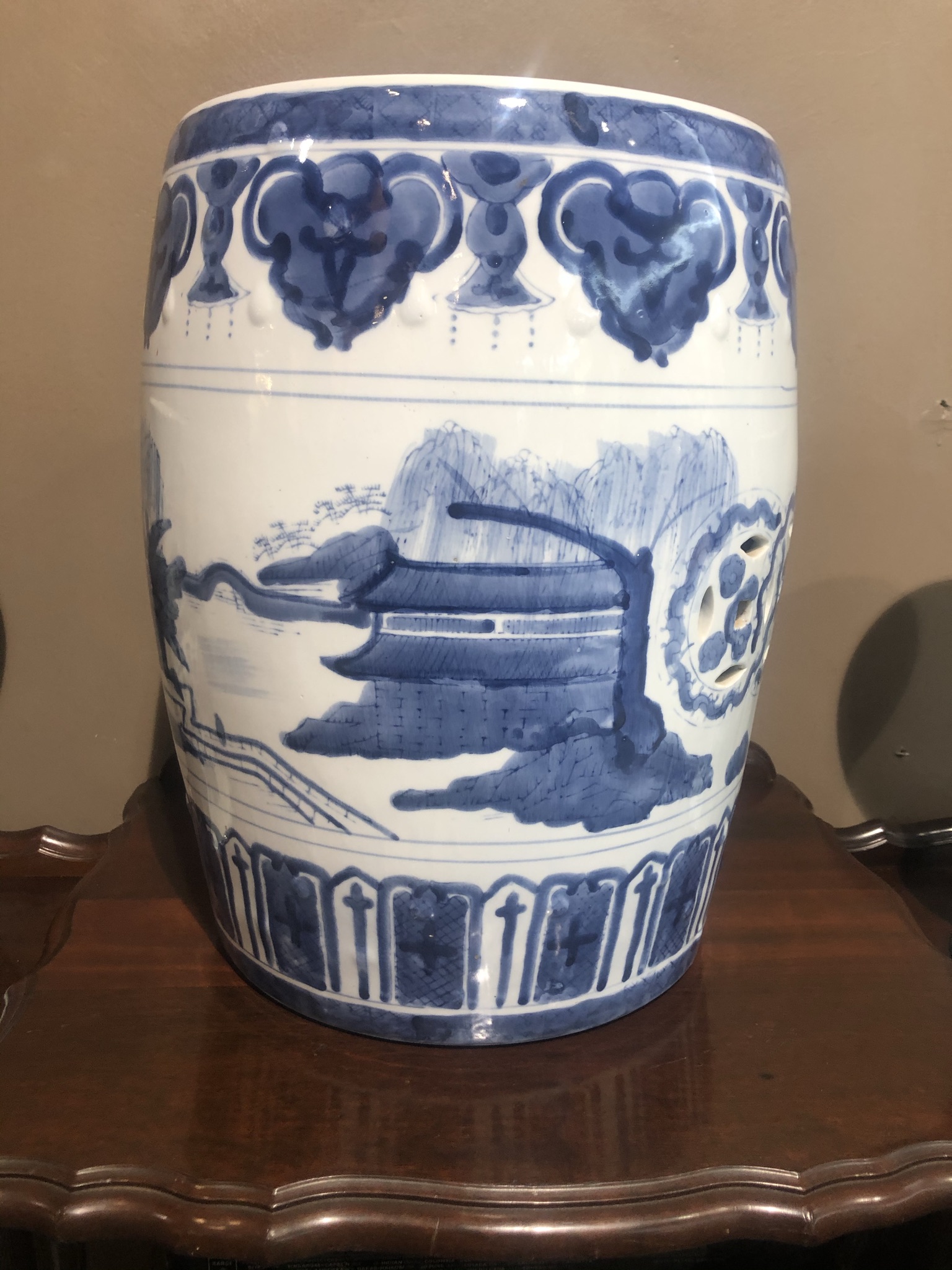 Blue and white hand painted Mid-century Chinese porcelain garden seat, Price: R10,000