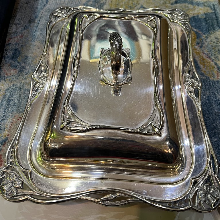 William Hutton & Sons Art Nouveau silver plated serving dish: R3,500 William Hutton & Sons Art Nouveau silver plated serving dish: R3,500