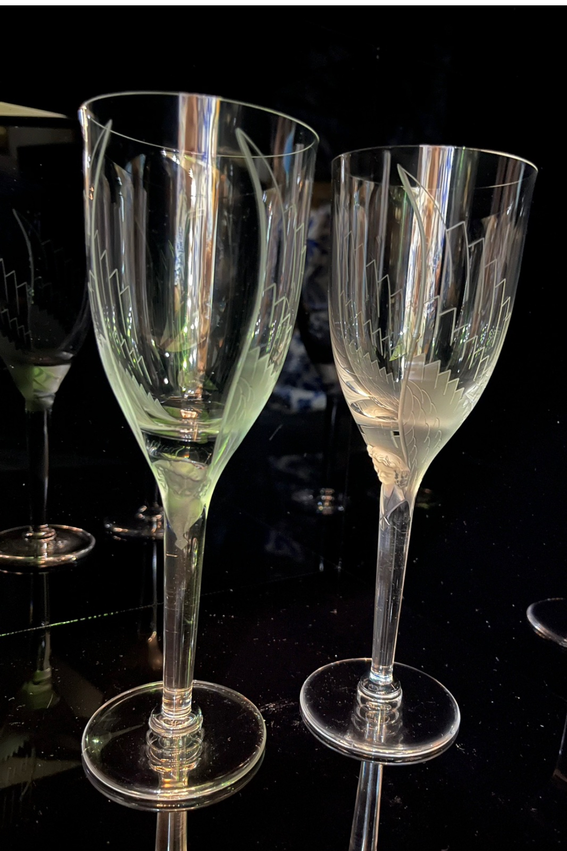 Pair of Art Nouveau Lalieque crystal angel flutes