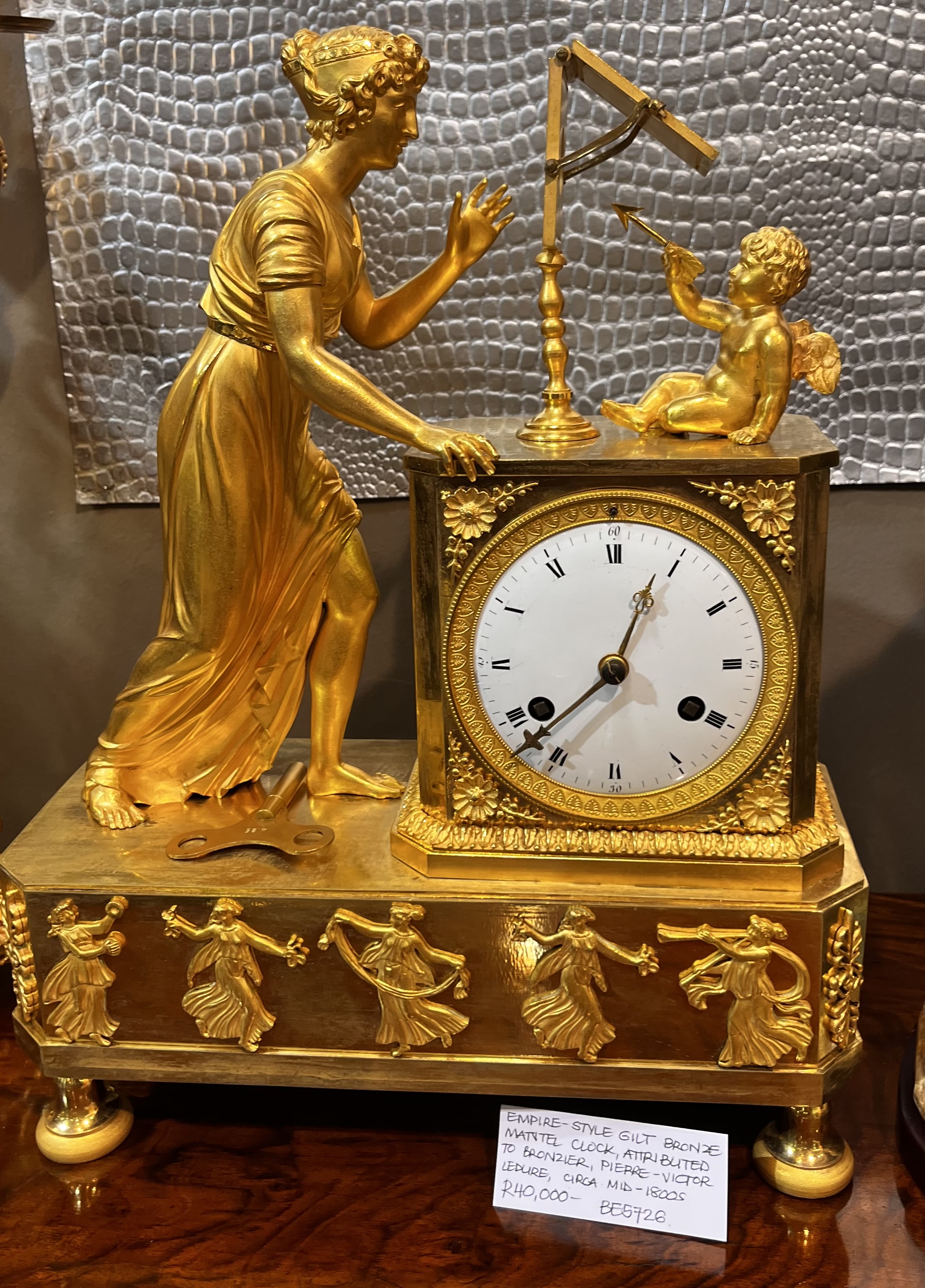 French Empire Gilt-Bronze Figural Mantel Clock: R40,000