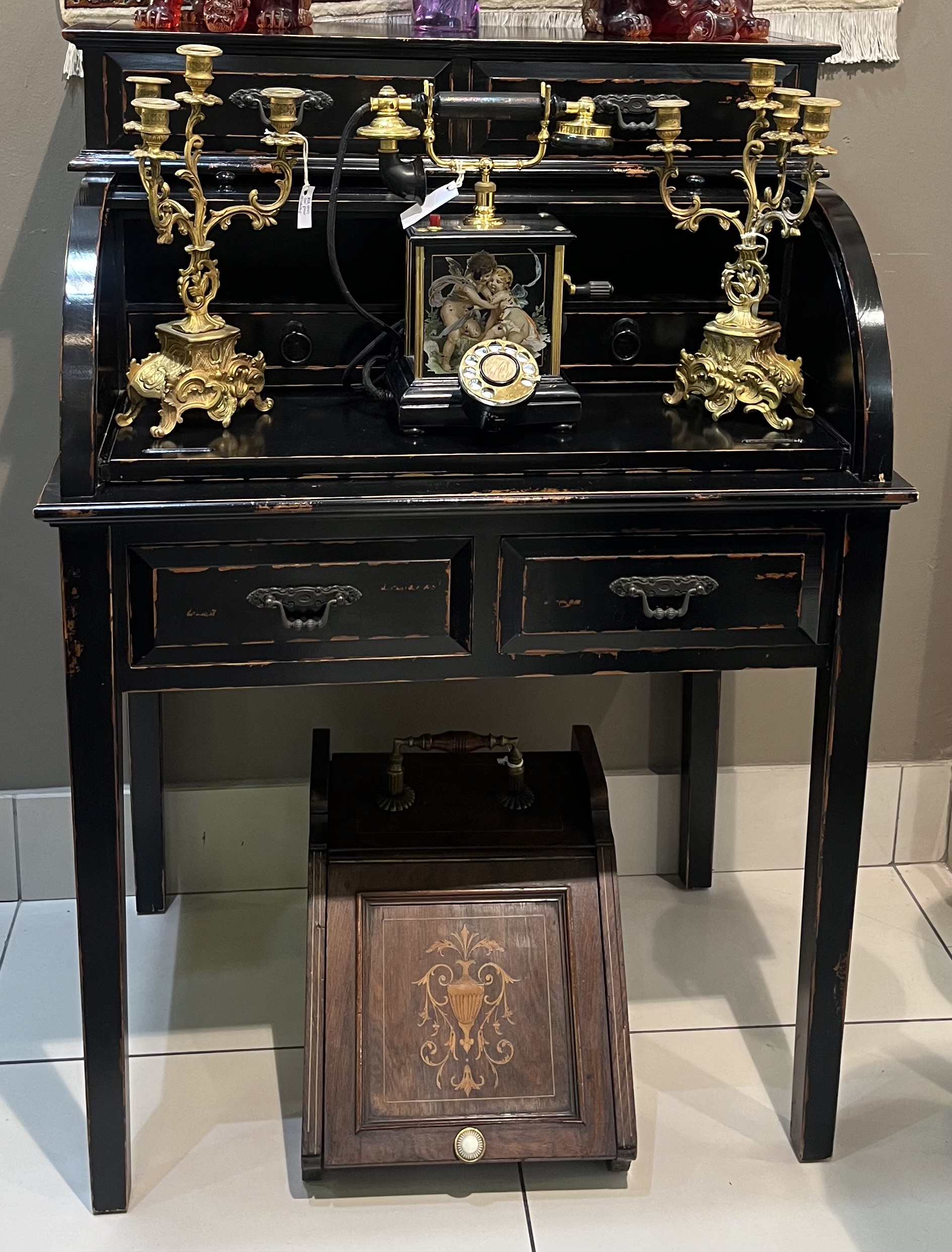 Ladies ebonized roll top writing bureau