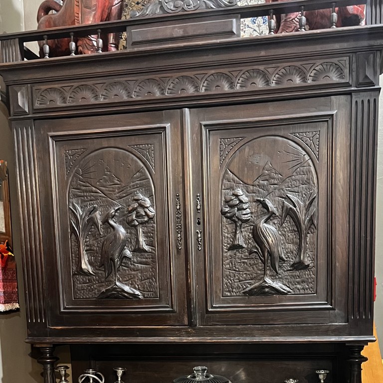 German Black Forest Carved Oak Hunting Cabinet: R40,000