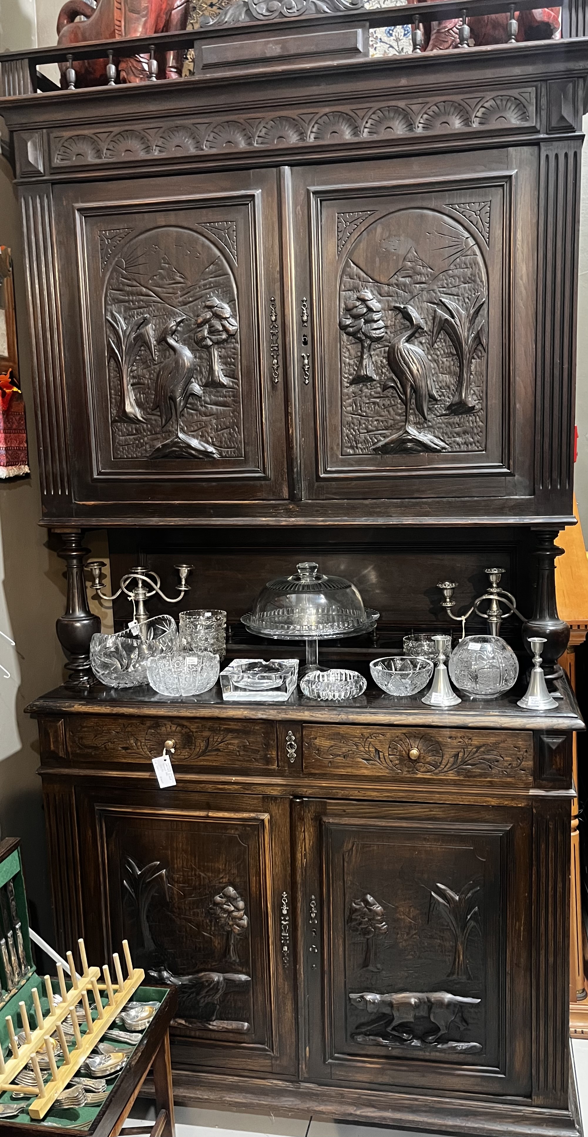 German Black Forest Carved Oak Hunting Cabinet: R40,000