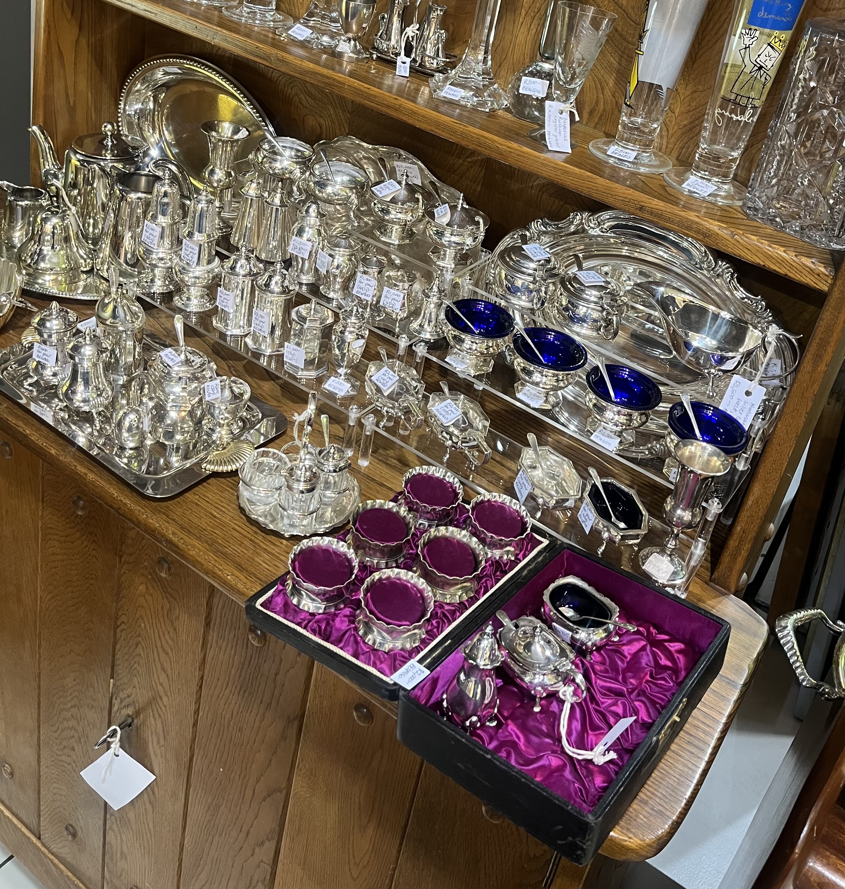 Collection of antique and vintage hallmarked silver salt & pepper shakers and mustard pots