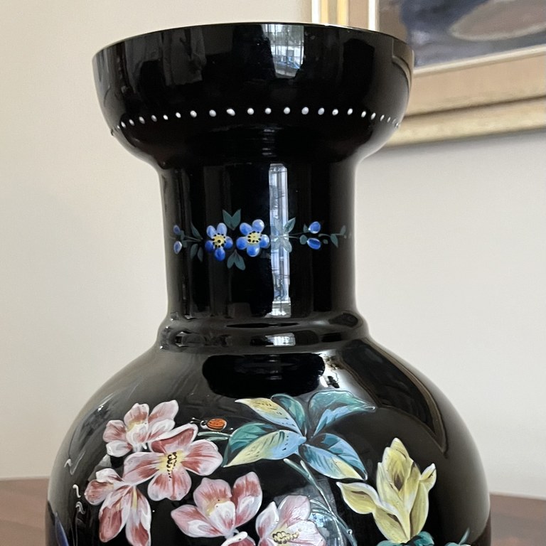 Victorian enamelled ebony glass vase with hand painted : R6,000