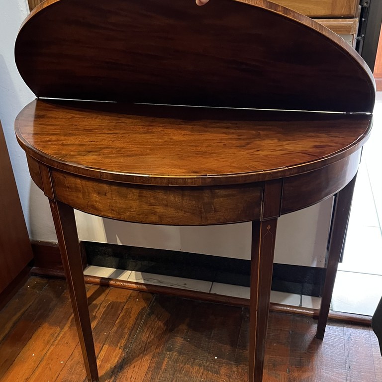 Georgian III burr elm demilune console game table. Late 1700s: POR