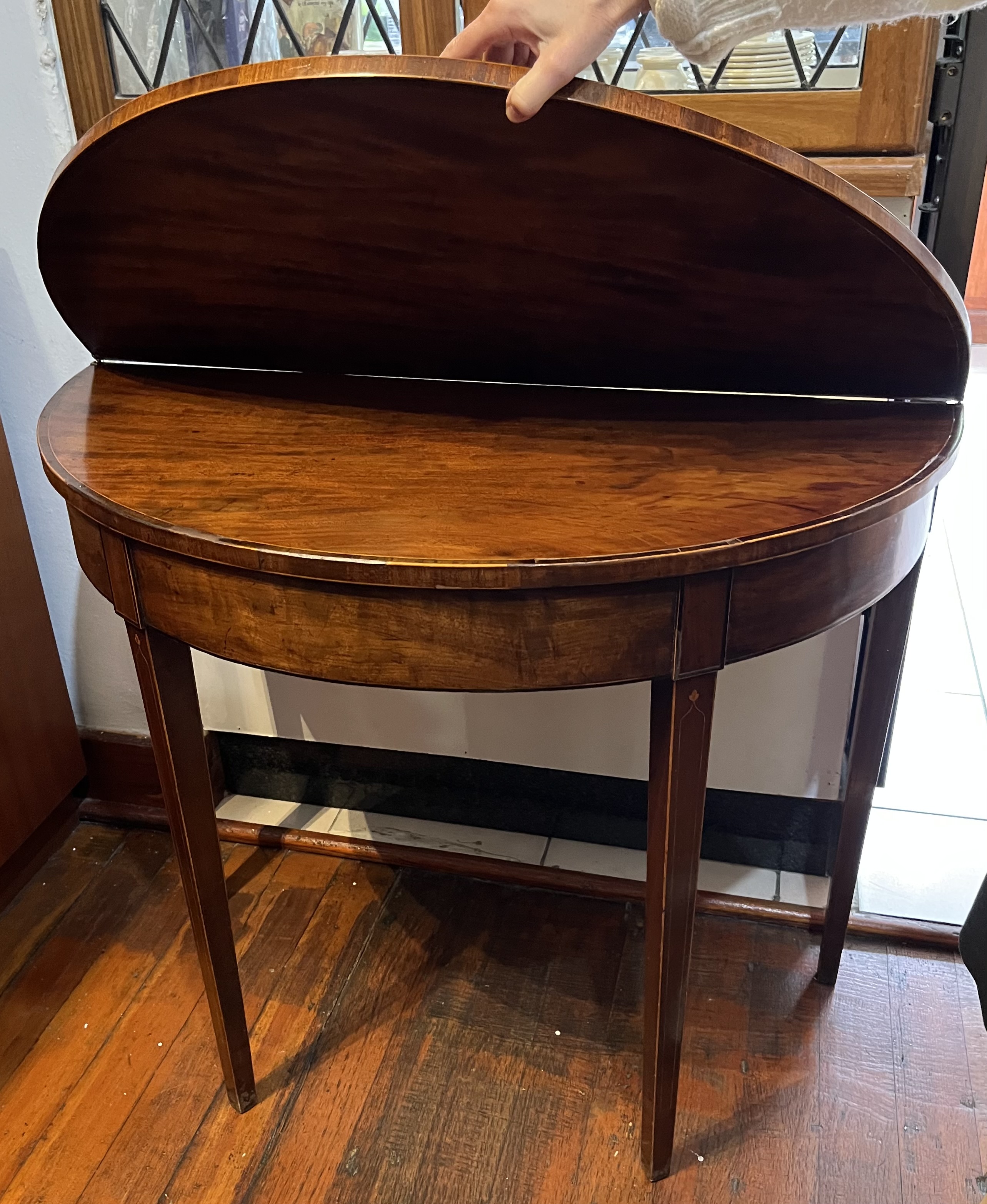 Georgian III burr elm demilune console game table. Late 1700s: POR