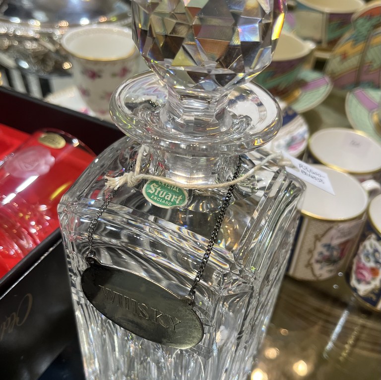 Stuart cut crystal decanter with a silver plate 'Whisky' label