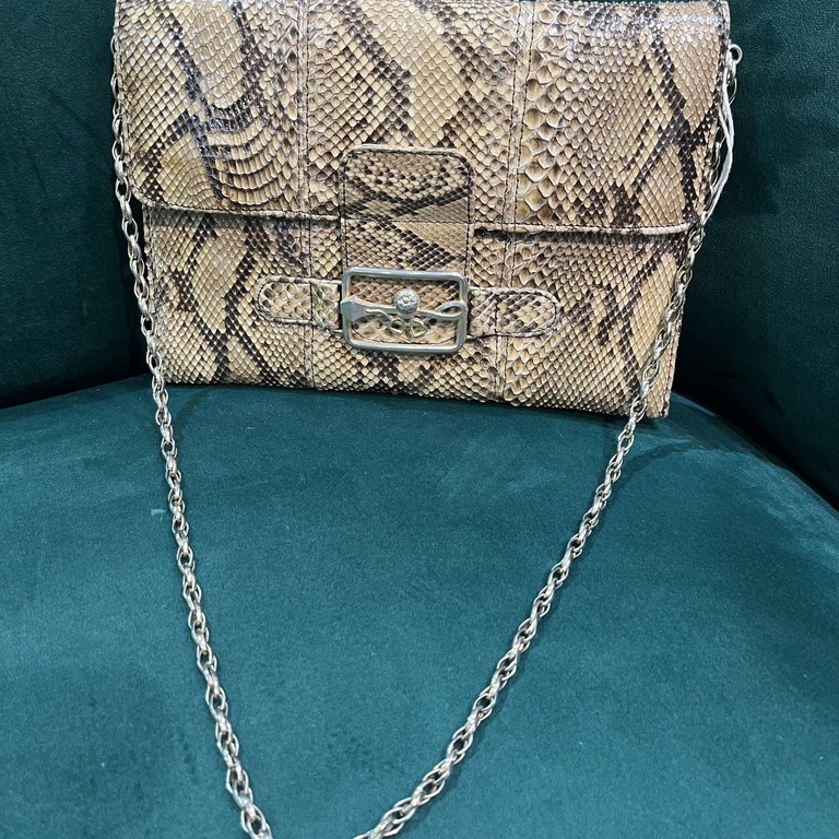 Vintage Pointer snake skin shoulder bag with silver and brass tone chain strap and clasp