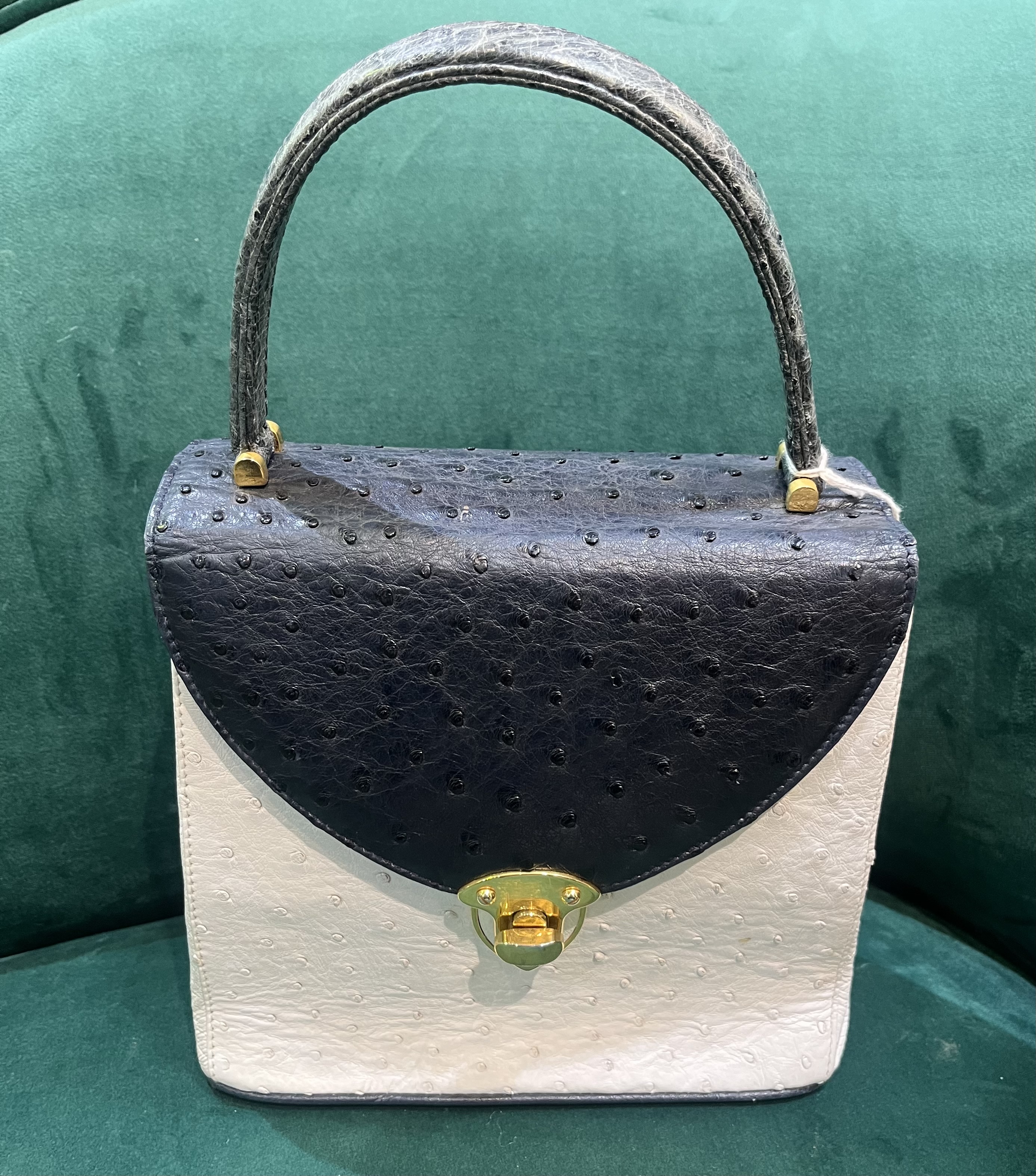 Vintage genuine ostrich leather two-tone handbag