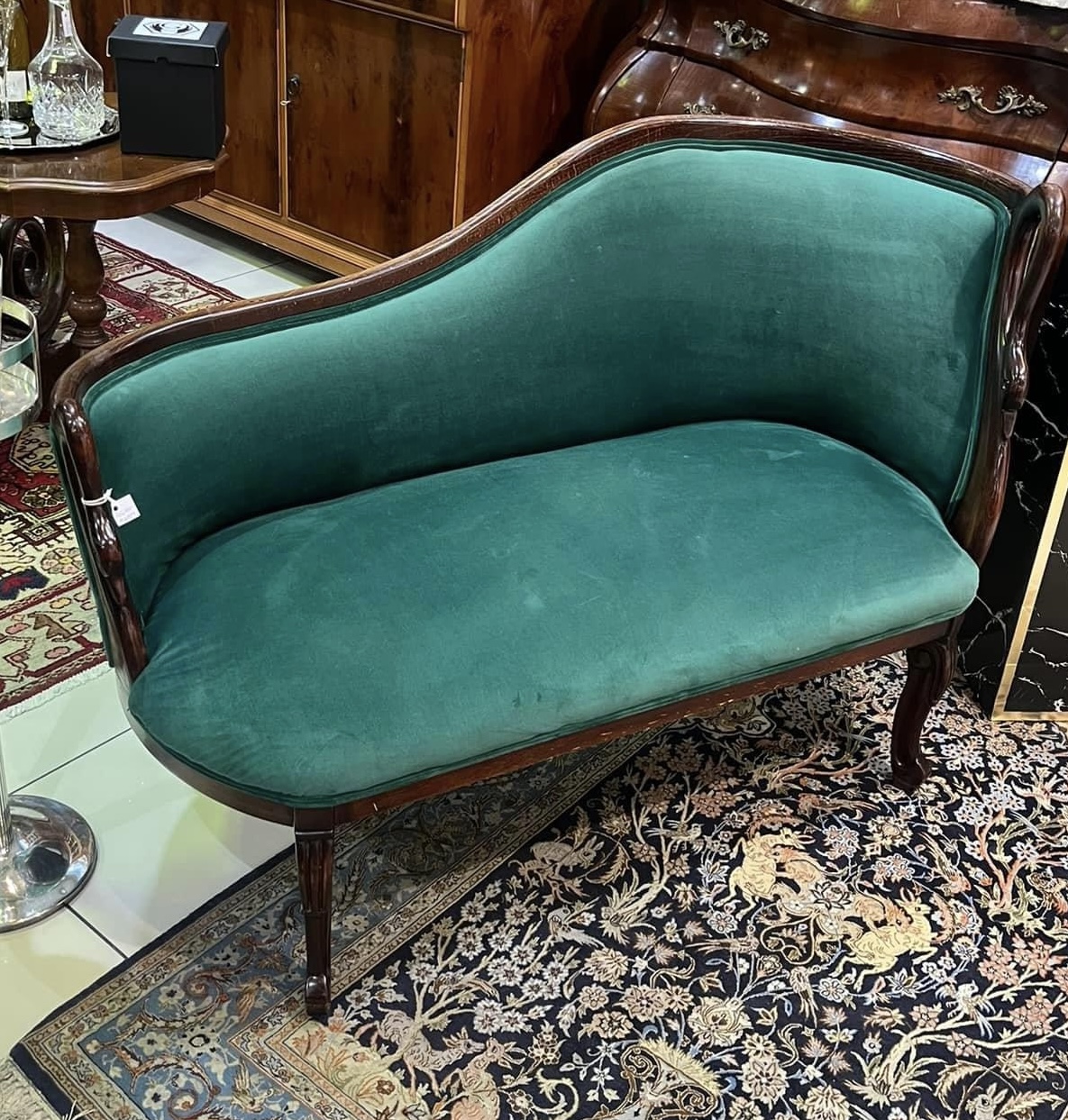 French Empire-style swan-neck dark-stained oak diminutive chaise lounge