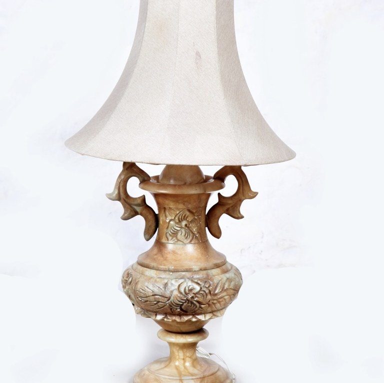 Large lamp with carved alabaster urn vase base and cream shade: R3,500