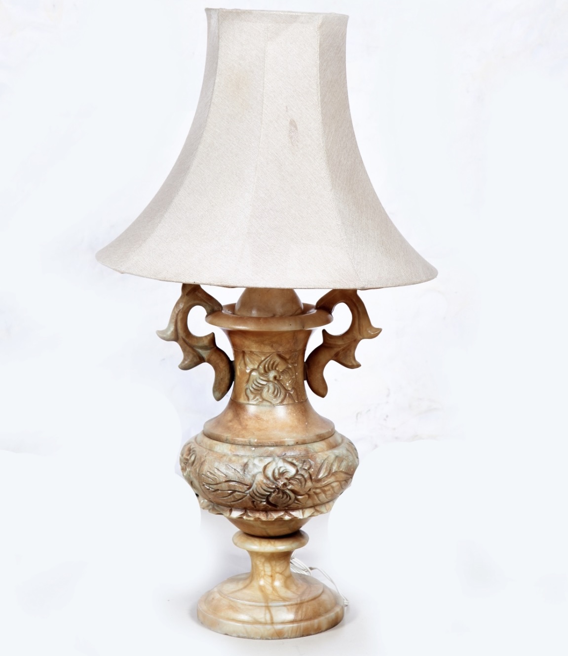 Large lamp with carved alabaster urn vase base and cream shade: R3,500