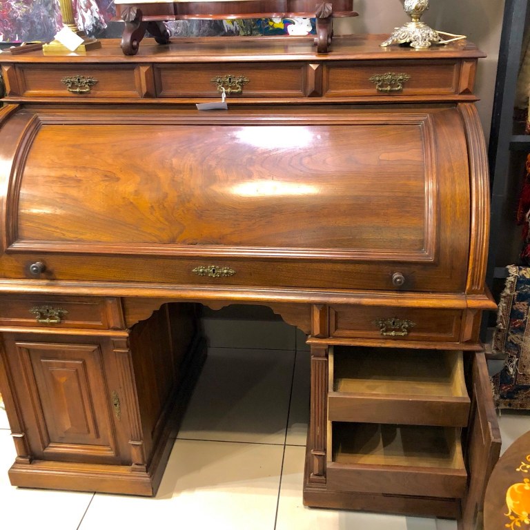 German hand carved cylinder roll top writing desk, circa early 20th Century. Size: 1.46m (height) x 1.34m (width) x 0.84m (depth)  Price: R30,000.00