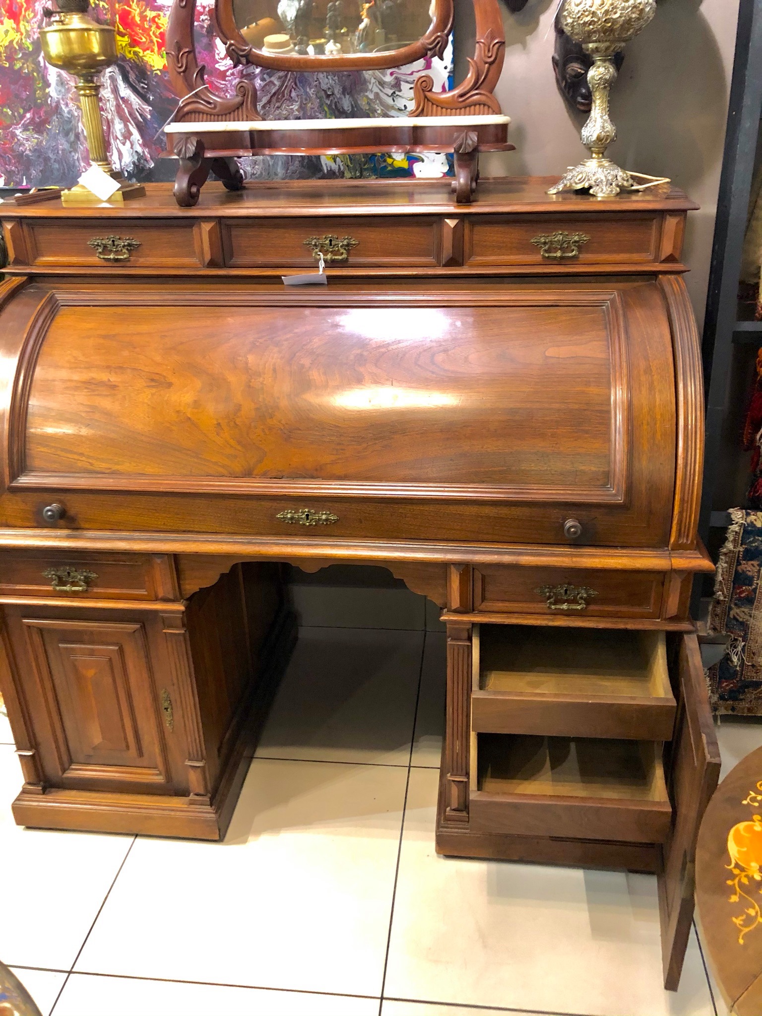 German hand carved cylinder roll top writing desk, circa early 20th Century. Size: 1.46m (height) x 1.34m (width) x 0.84m (depth)  Price: R30,000.00