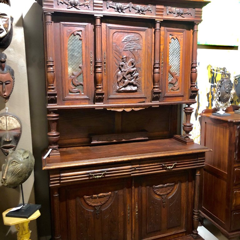 Oak German Black Forest carved hunting court cabinet ("Jachtkast"), circa 1870, Size: 2.53m (height) x 1.37m (width) x 0.50m (depth) Price: R40,000.00
