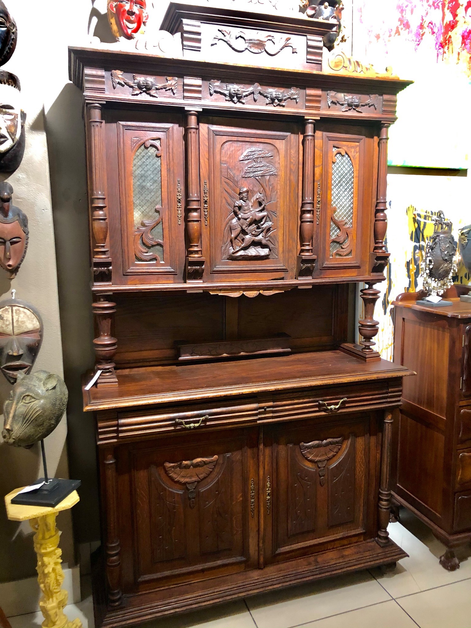 Oak German Black Forest carved hunting court cabinet ("Jachtkast"), circa 1870, Size: 2.53m (height) x 1.37m (width) x 0.50m (depth) Price: R40,000.00