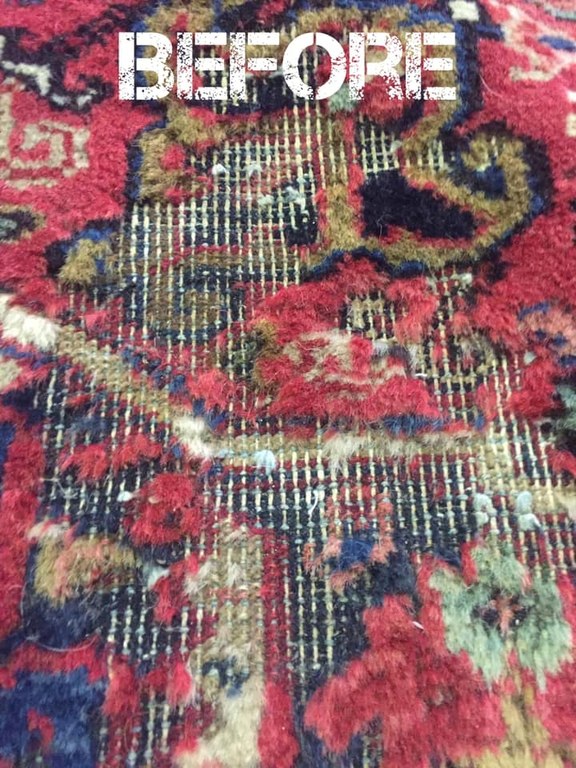 A warn carpet pile in the process of repair