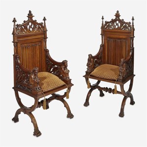 A Pair of Gothic Revival Carved Walnut Hall Chairs, Late 19th/early 20th century