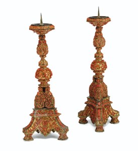 A PAIR OF ITALIAN (TRAPANI) GILT-COPPER AND CORAL-MOUNTED PRICKET STICKS