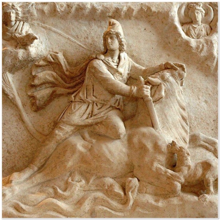 The popular scene of Mithra slaying the bull aided by a dog, a snake and the scorpion seizing the genitals of the bull