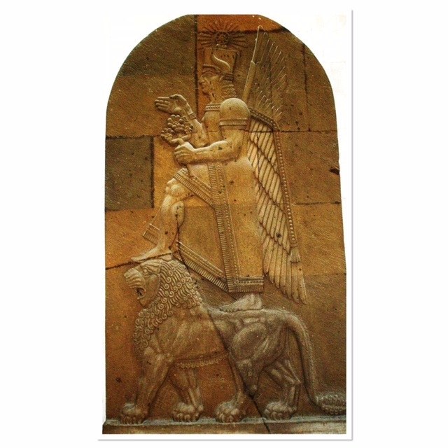 Armenia - Urartian supreme deity Khaldi depicted on top of a lion - by liveon001 CC BY-SA 3.0
