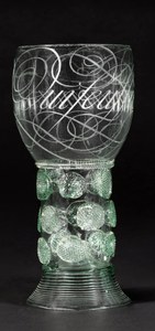 Dutch diamond-point engraved calligraphic green glass roemer by Willem Jacobszoon van Heemskerk, second half of the 17th century
