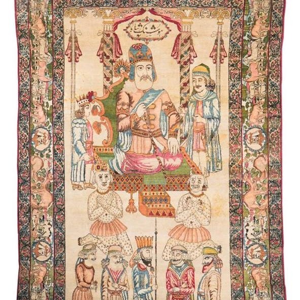 Kerman carpet (circa 1900), size: 230x140, showcasing Hushang Shah (a pre-historic Iranian king) in Lot 97 of the Wannenens Auction to be held in Milan on 7 June 2018. The cartouche inscription on the top of the carpet mentions that the carpet was made  "By order of Jahanian"