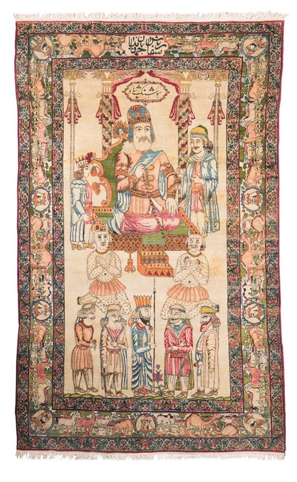 Kerman carpet (circa 1900), size: 230x140, showcasing Hushang Shah (a pre-historic Iranian king) in Lot 97 of the Wannenens Auction to be held in Milan on 7 June 2018. The cartouche inscription on the top of the carpet mentions that the carpet was made  "By order of Jahanian"