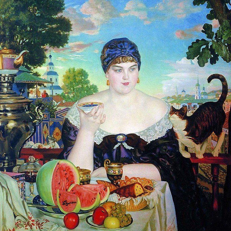 The Merchant's Wife by Boris Kustodiev, showcasing Russian tea culture