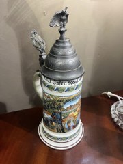 German Regimental Military Stein with pewter lid of crowned eagle as finial, post WWII