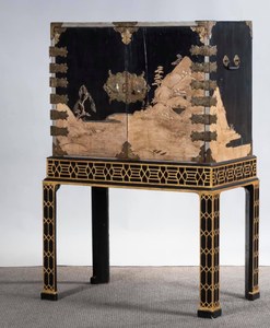 Japanese Export Metal-mounted Black Lacquer and Gilt Cabinet on Stand