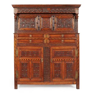 LANCASHIRE OAK AND CHEQUER STRUNG PRESS CUPBOARD EARLY 18TH CENTURY AND LATER