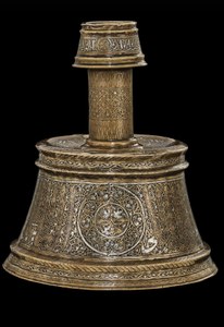 LARGE MAMLUK SILVER-INLAID BRASS CANDLESTICK EGYPT OR SYRIA