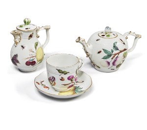 Meissen Teapot and Cover, A Milk Jug and Cover, and A Cup and Saucer, Circa 1745