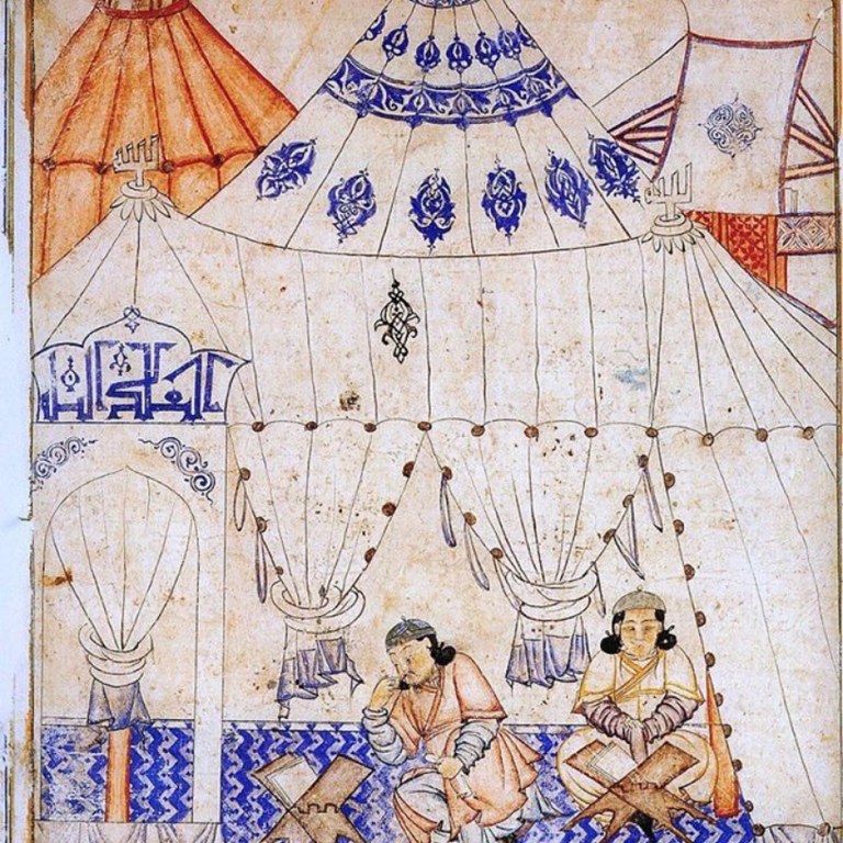 Mongol ruler of Persia, Ghazan, studying the Quran. Note the blue and white tents and carpets