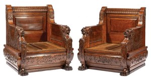 Pair of Important American Aesthetic Carved Oak Throne Chairs , c. 1881-1882, Herter Brothers,