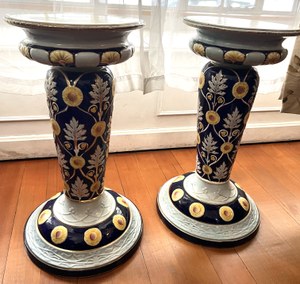 Pair of Victorian Majolica Ceramic Pedestals Column (c. 1885)