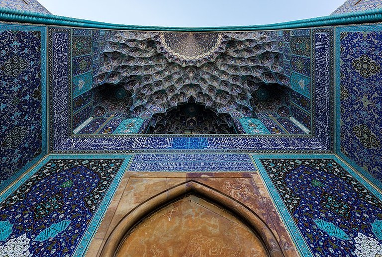 Decorative muqarnas vaulting in the iwan entrance to the Shah Mosque in Isfahan