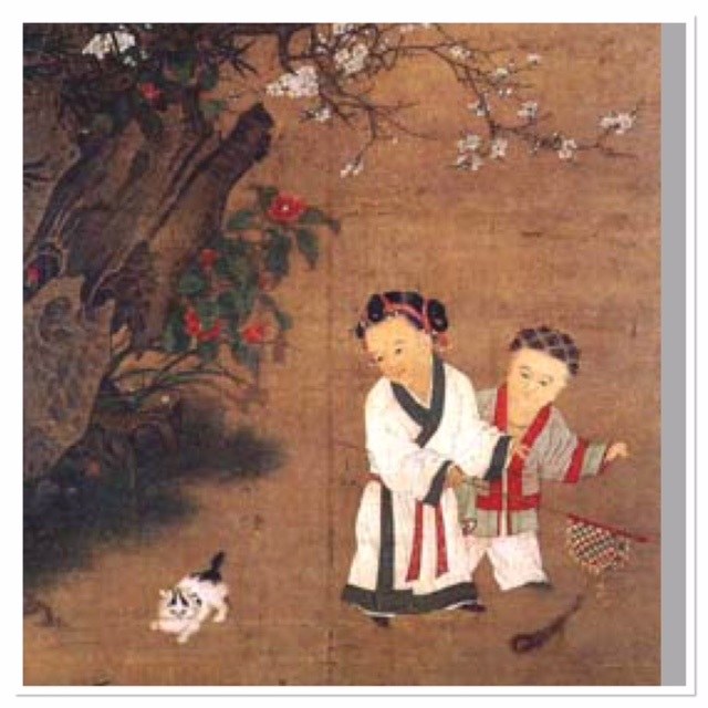 Chinese painting on silk, with playing children wearing silk clothes, by Su Hanchen (active 1130s–1160s), Song Dynasty
