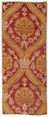 Brocatelle, Turkey or Venice, XVIth century, red satin background, yellow decoration woven in gold and cream woven in silver of a carnation in a crown of tulips in the middle of ribbons tied by a crown (tear on one side). Has a PA label on the back. Museum, Persian, No. 523, DATE 10-28-26 for November 28, 1926. In 1926, the Sesquicentennial International Exhibition was held in Philadelphia to celebrate the 150th anniversary of the declaration of independence of the United States. . The fair was placed in receivership in 1927 and its assets sold at auction. Former Charles Ratton collection. 1.52 x 0.61 m. Estimate: 300 - 500 EUR. SOLD for 13,000 EUR