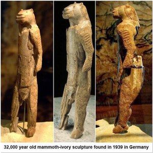 The oldest anthropomorphic idol found so far is the lion headed man called the "lion man" (German: Löwenmensch, literally "lion human"). The idol is calculated to be 40,000 years old.