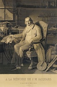 This portrait of Jacquard was woven in silk on a Jacquard loom and required 24,000 punched cards to create (1839). It was only produced to order. Charles Babbage owned one of these portraits; it inspired him in using perforated cards in his analytical engine. It is in the collection of the Science Museum in London, England.