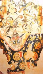 Egyptian woven pattern woolen curtain or trousers, which was a copy of a Sassanid silk import, which was in turn based on a fresco of King Khosrau II fighting Axum Ethiopian forces in Yemen, 5–6th century.