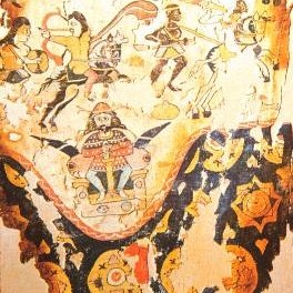 Egyptian woven pattern woolen curtain or trousers, which was a copy of a Sassanid silk import, which was in turn based on a fresco of King Khosrau II fighting Axum Ethiopian forces in Yemen, 5–6th century.