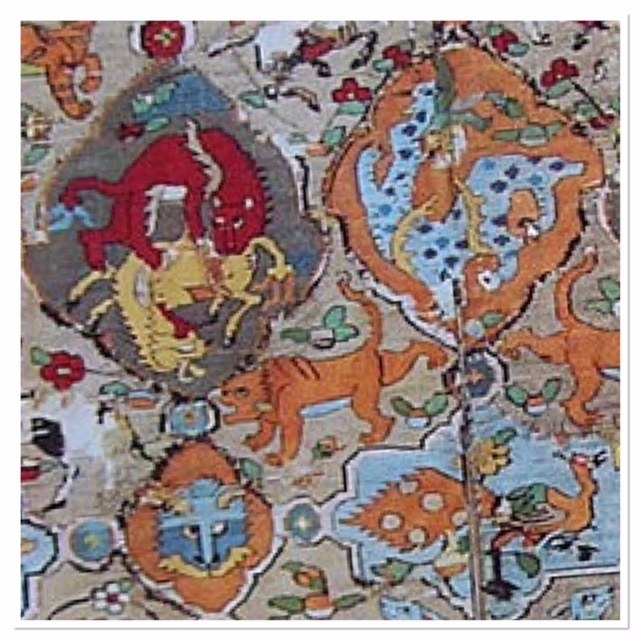 Close up of the jJinbaori war vest of Toyotomi Hideyoshi with the lion hunting the deer cartoon