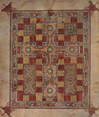 A carpet page from the Lindesfarne Gospels with Celtic knots all over