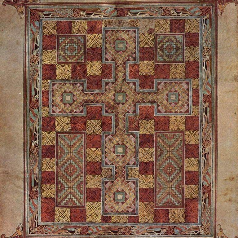 A carpet page from the Lindesfarne Gospels with Celtic knots all over